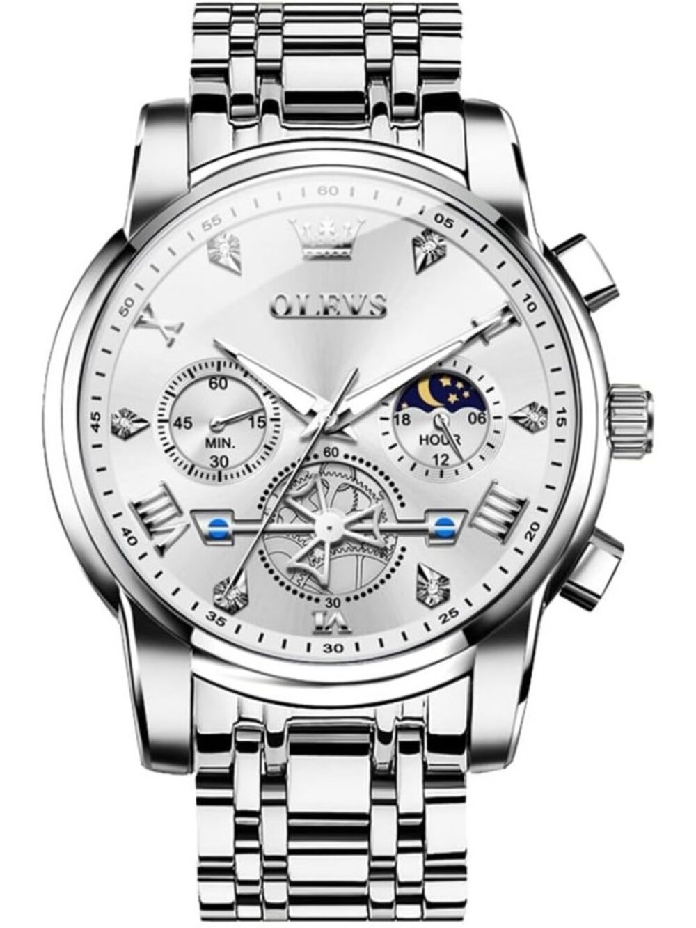 OLEVS Men's Silver-2 Dress Watch Stainless Steel Luminous Waterproof Wrist Watch